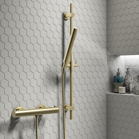 Arezzo Brushed Brass Round Bar Shower Valve incl. Slide Rail Kit with Pencil Handset
