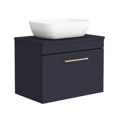 Arezzo 600 Matt Blue Wall Hung Vanity Unit with 465 x 325mm Counter Top Basin + Brass Handle