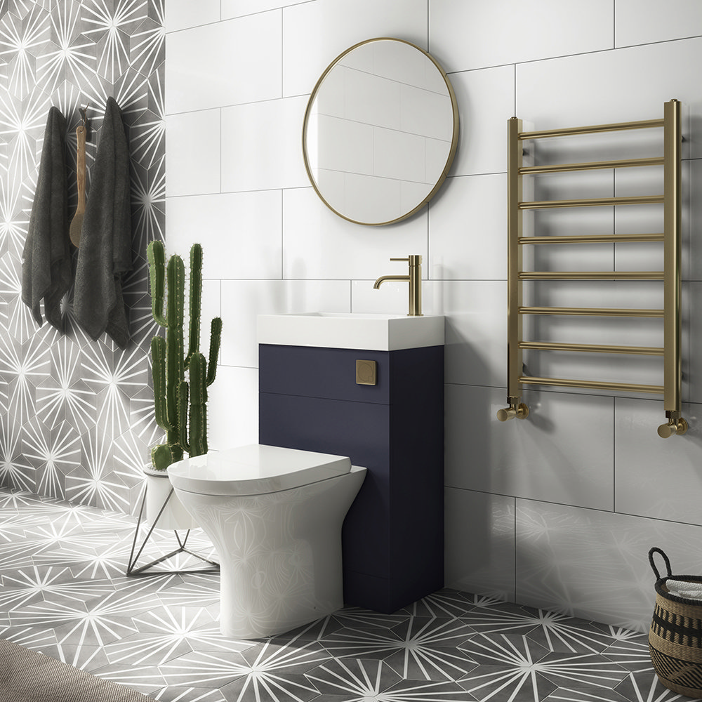Arezzo Matt Blue Combined 2-In-1 Wash Basin &amp; Toilet (500mm Wide x 300mm) incl. Brushed Brass Flush