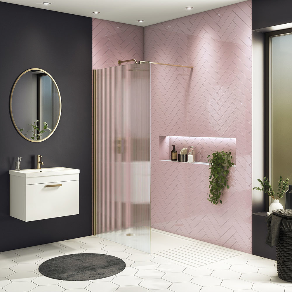Arezzo 1600 x 800 Fluted Glass Brushed Brass Profile Wet Room (1000 Screen, Square Support Arm + Tray)