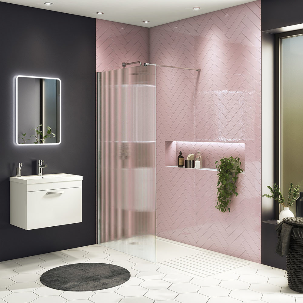 Arezzo 1600 x 800 Fluted Glass Chrome Profile Wet Room (1000 Screen, Square Support Arm + Tray)