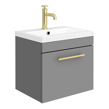 Arezzo Wall Hung Vanity Unit - Matt Grey - 500mm with Industrial Style Brushed Brass Handle