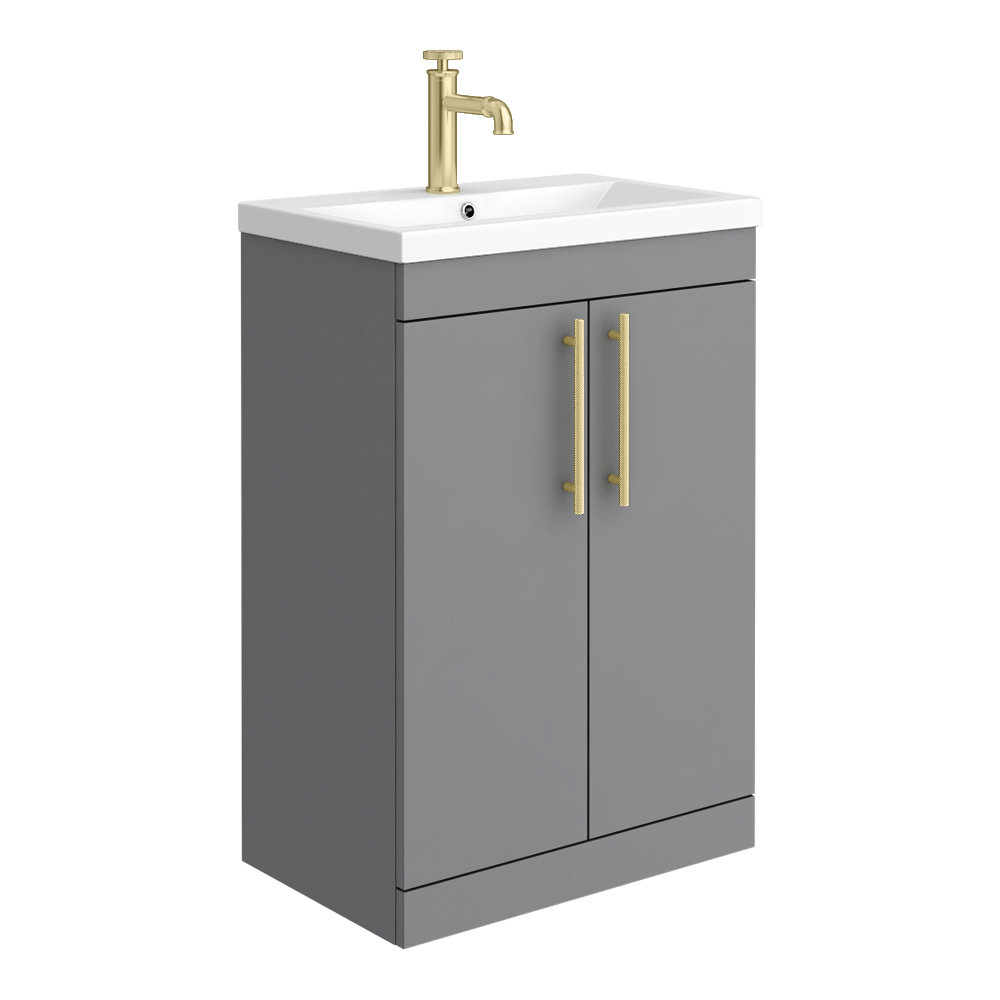 Arezzo Floor Standing Vanity Unit - Matt Grey - 600mm with Industrial Style Brushed Brass Handles