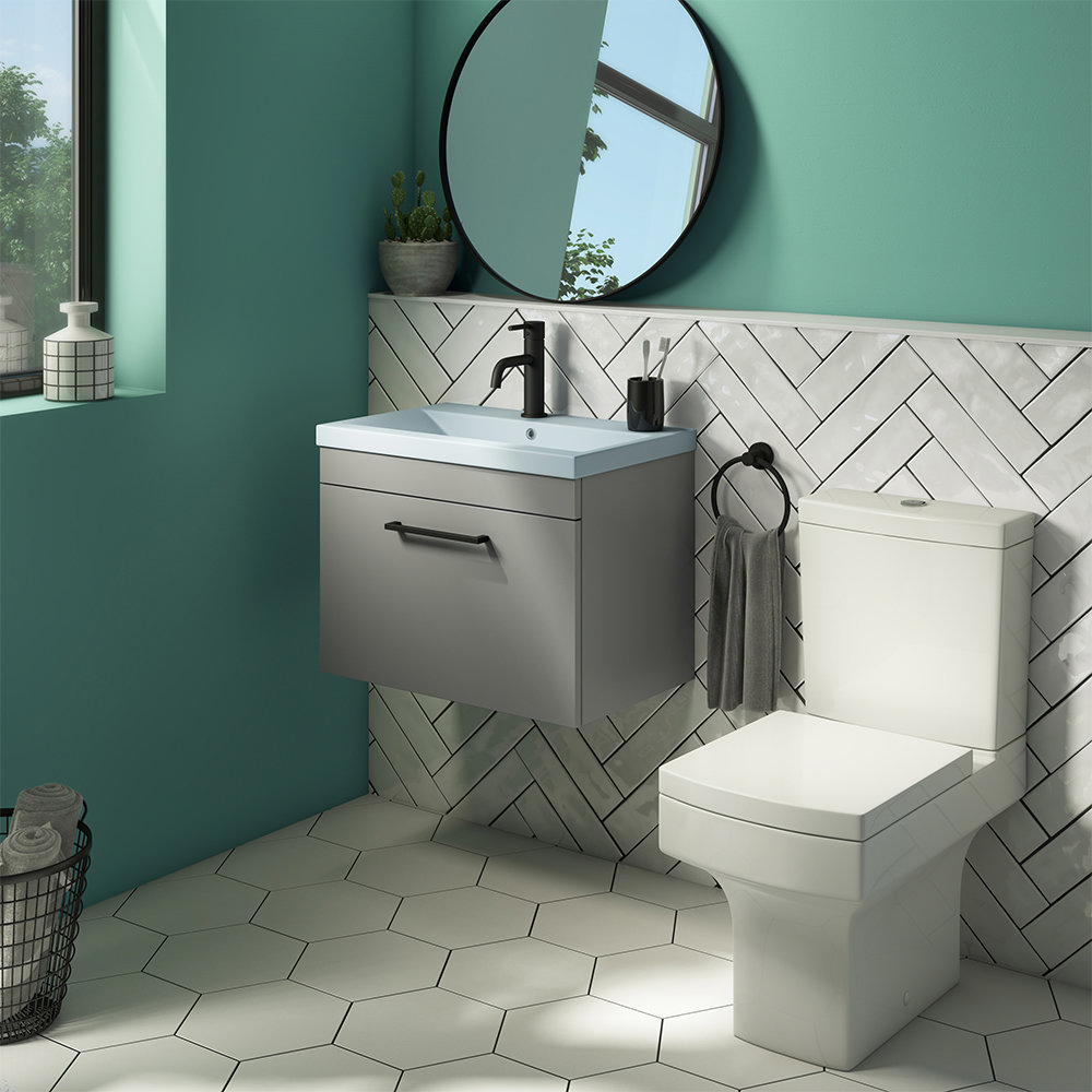 Arezzo 600 Matt Grey Wall Hung Vanity Unit with Matt Blue Basin + Square Toilet