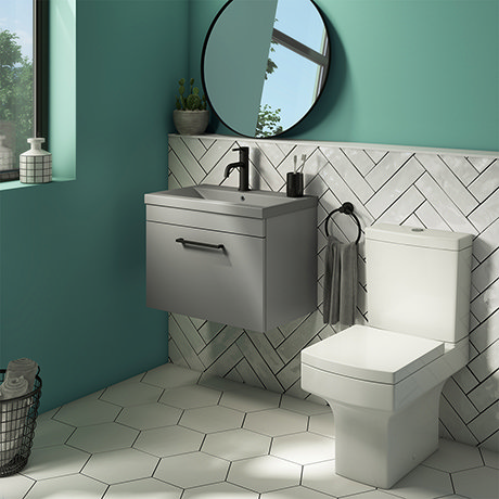 Arezzo 600 Matt Grey Wall Hung Vanity Unit with Matt Grey Basin + Square Toilet