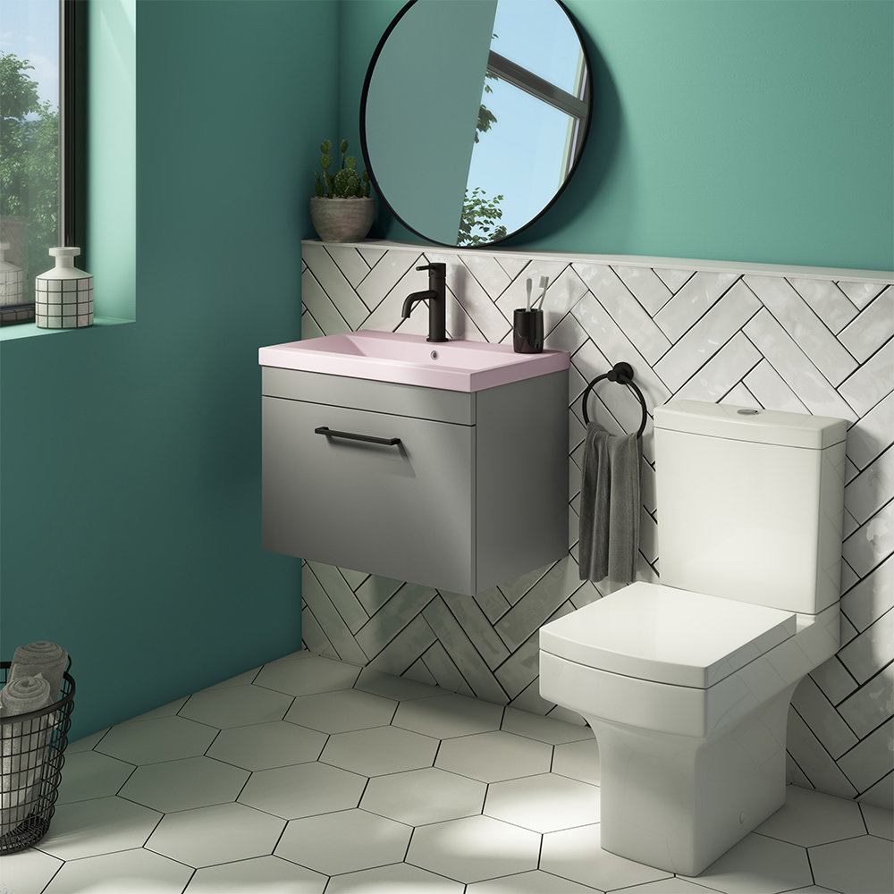Arezzo 600 Matt Grey Wall Hung Vanity Unit with Matt Pink Basin + Square Toilet