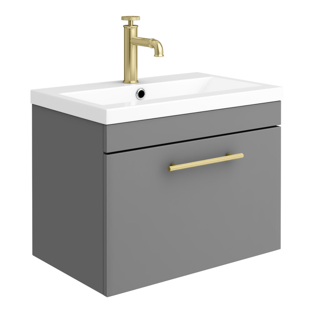 Arezzo Wall Hung Vanity Unit - Matt Grey - 600mm with Industrial Style Brushed Brass Handle