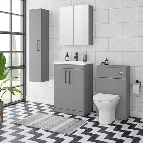 Arezzo Grey Floor Standing Vanity Unit, Tall Cabinet + Toilet Pack with Black Handles