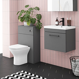 Arezzo Grey Wall Hung Sink Vanity Unit + Toilet Package with Matt Black Handle