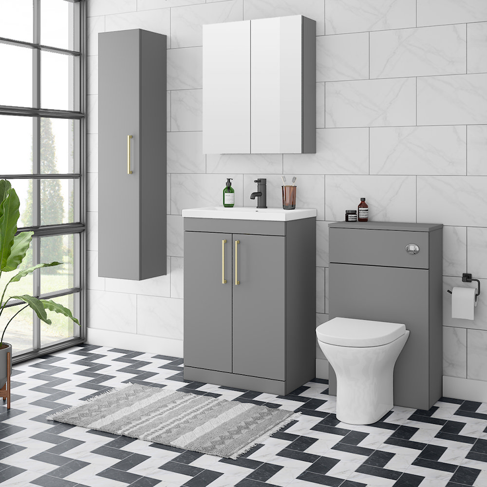 Arezzo Grey Floor Standing Vanity Unit, Tall Cabinet + Toilet Pack with Brass Handles