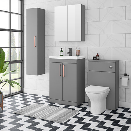 Arezzo Grey Floor Standing Vanity Unit, Tall Cabinet + Toilet Pack with Rose Gold Handles