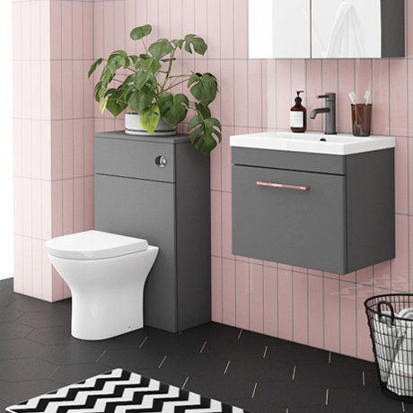 Arezzo Grey Wall Hung Sink Vanity Unit + Toilet Package with Rose Gold Handle