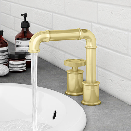 Arezzo Brushed Brass 2TH Industrial Style Deck Mounted Basin Mixer