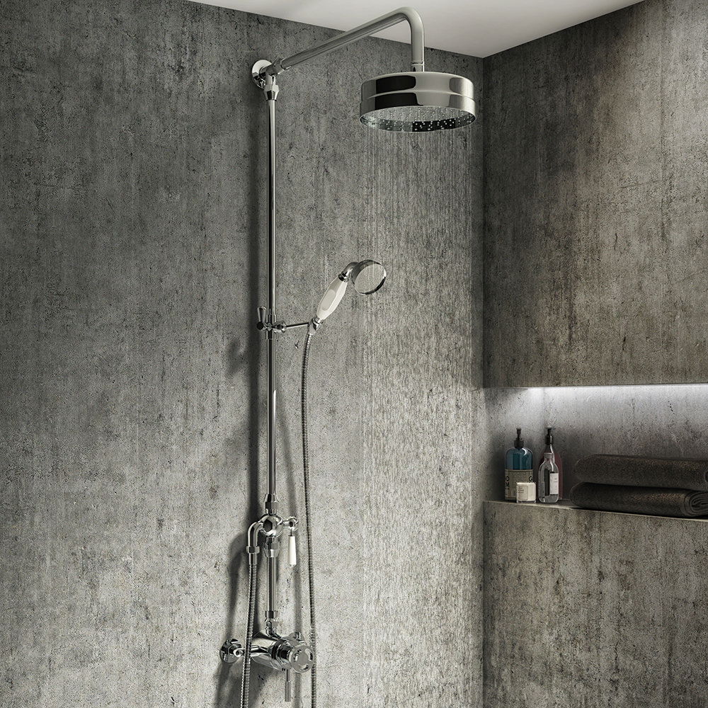 Arezzo Chrome Industrial Style Rigid Riser Kit with Diverter + Dual Exposed Shower Valve