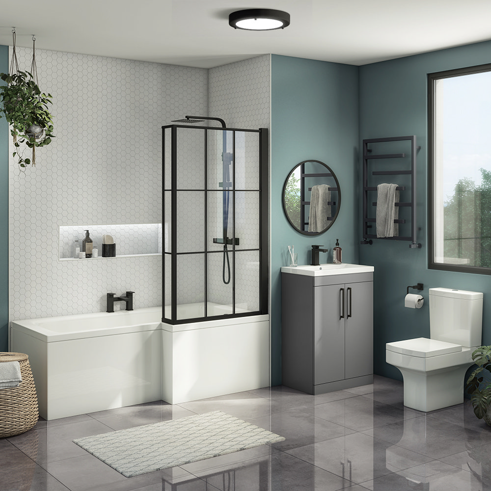 Arezzo LShaped Shower Bath Suite 1700mm with Grey Vanity Unit