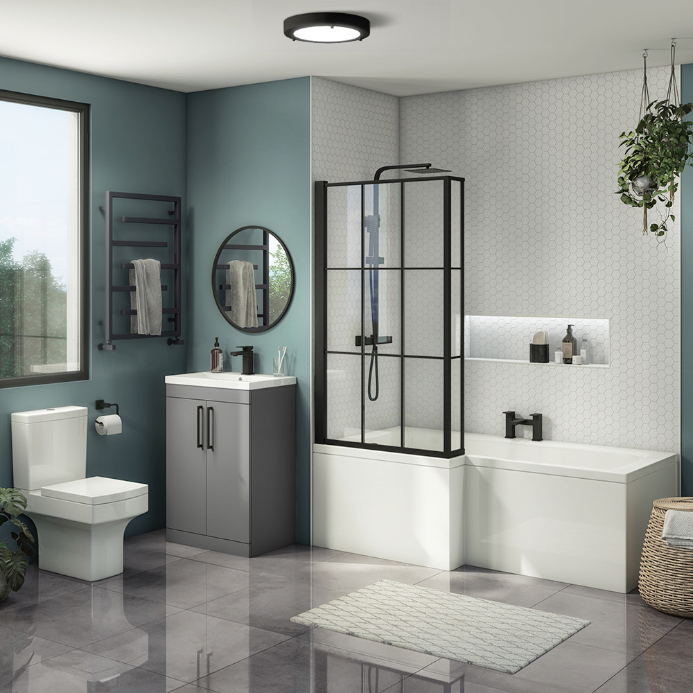 Arezzo LShaped Shower Bath Suite 1700mm with Grey Vanity Unit