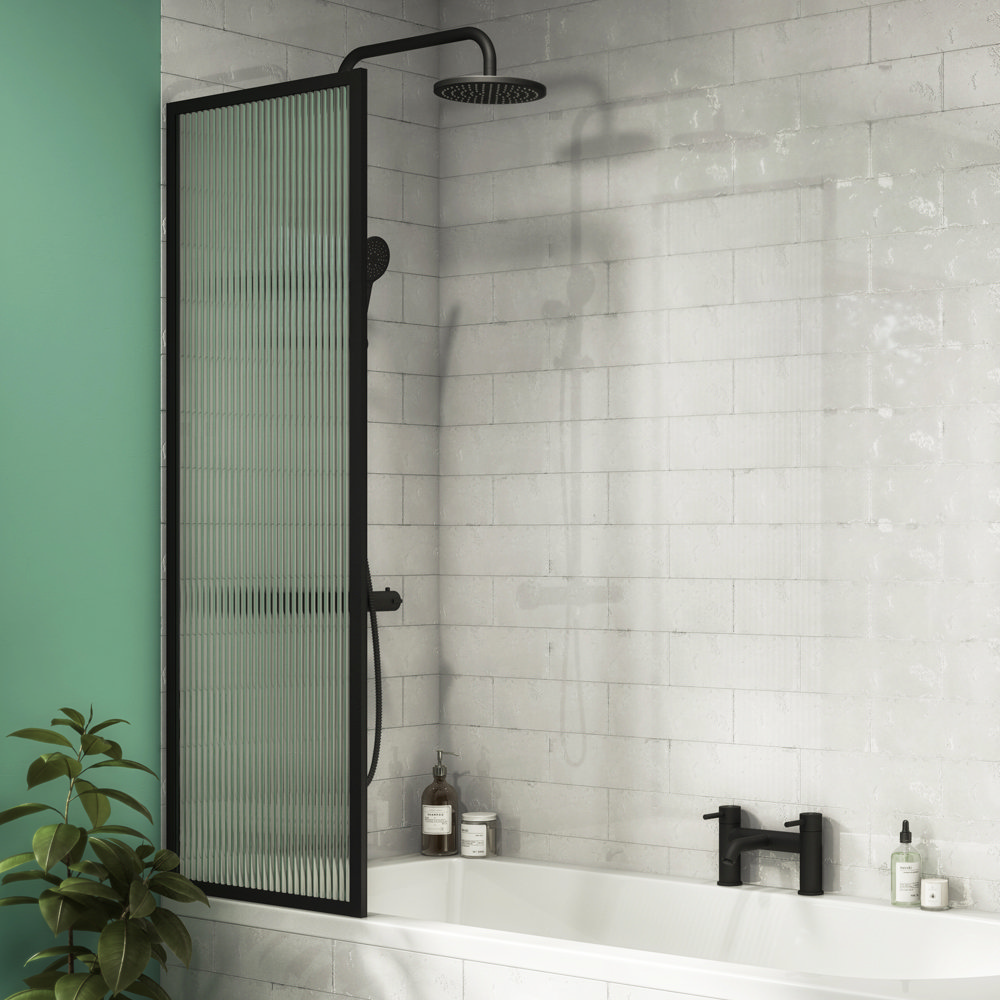 Arezzo Fluted Glass Matt Black Framed Fixed Bath Screen (500 x 1400mm) Victorian Plumbing UK