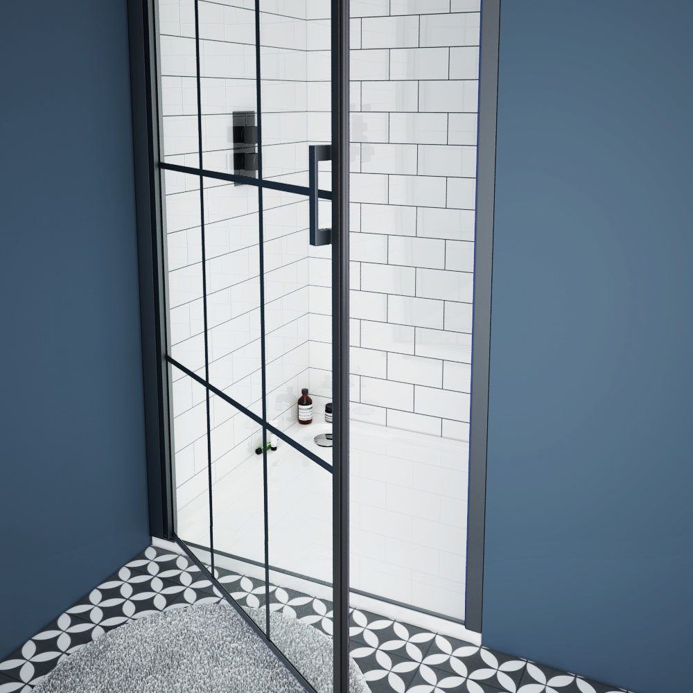 Arezzo 800mm wide Matt Black Grid Frameless Pivot Shower Door + Stone
