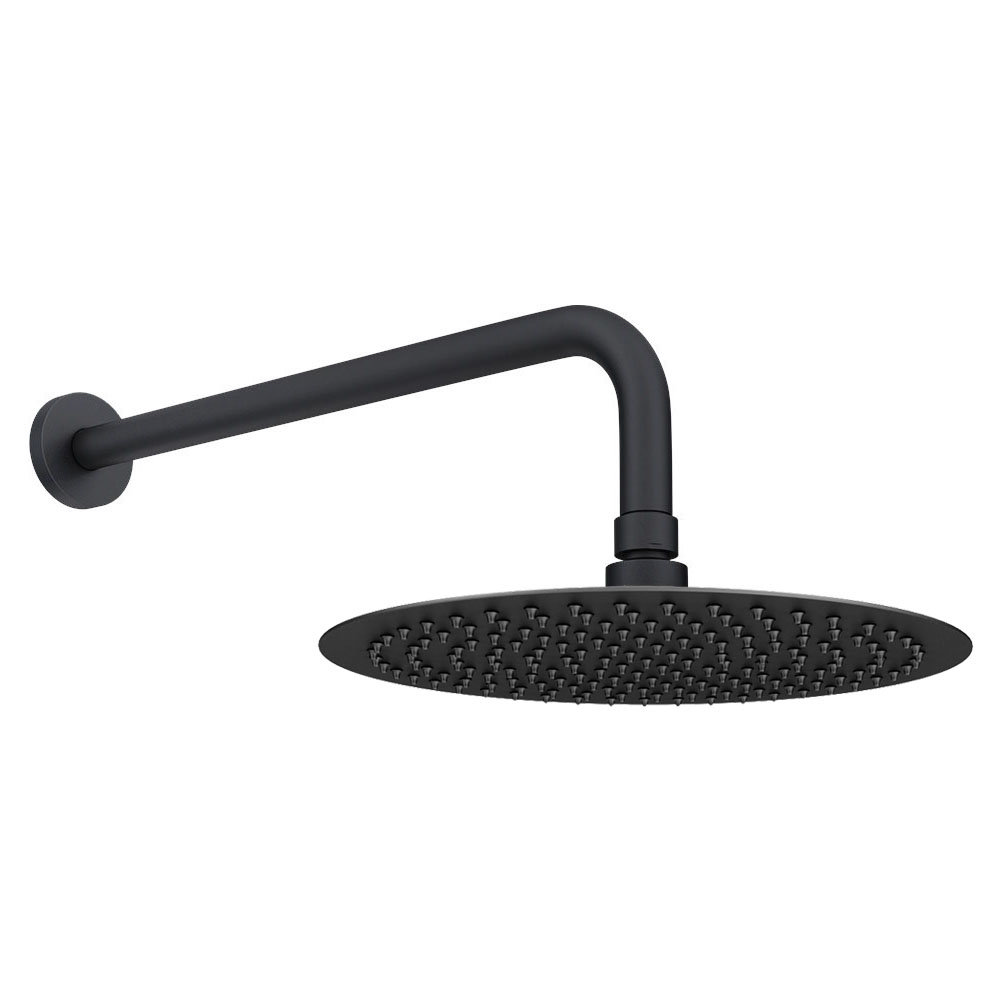 Arezzo Matt Black 300mm Thin Round Shower Head with Wall Mounted Arm