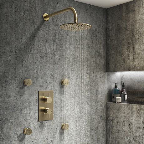 Arezzo Brushed Brass Round Shower System with Diverter, Fixed Shower ...