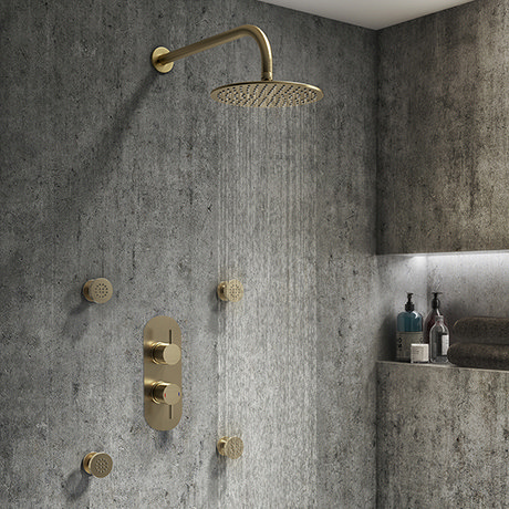 Arezzo Brushed Brass Round Shower System w. Diverter, Fixed Head + 4 Body Jets (Oval Faceplate)