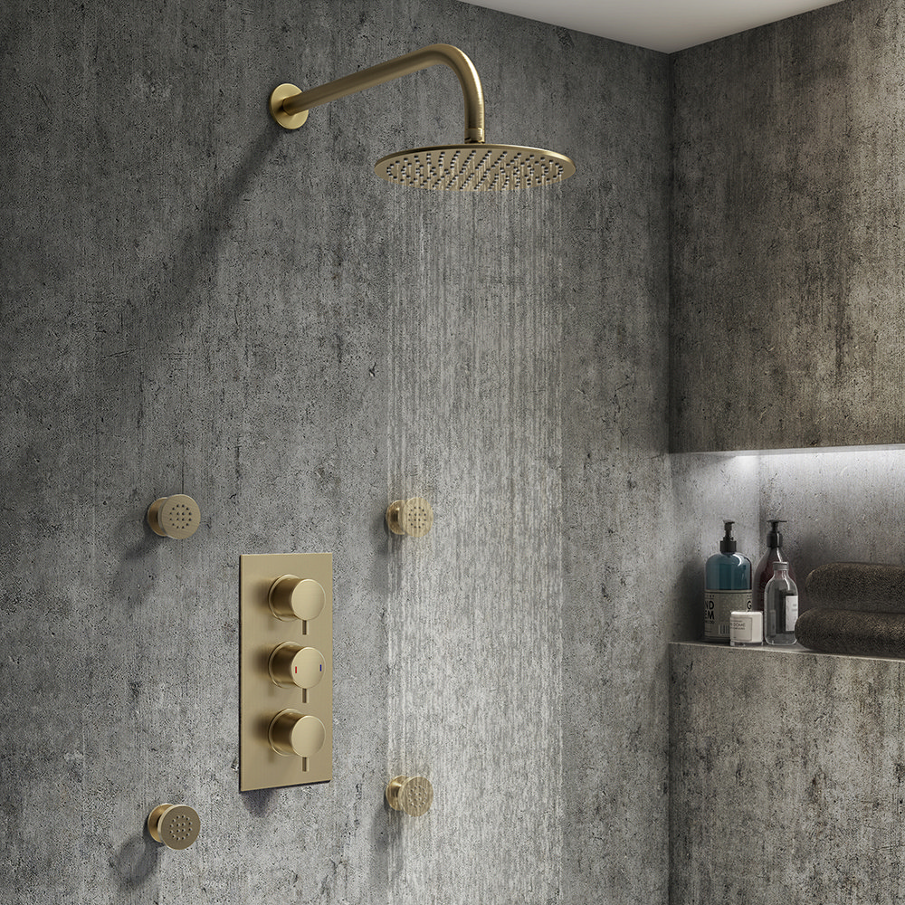 Arezzo Brushed Brass Round Concealed Triple Shower Valve with Fixed Head + 4 Body Jets