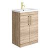 Arezzo Floor Standing Vanity Unit - Rustic Oak - 600mm with Brushed Brass Handles profile small image view 1 
