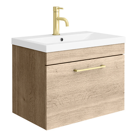 Arezzo Wall Hung Vanity Unit - Rustic Oak - 600mm with Brushed Brass Handle