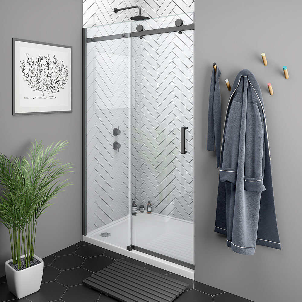 Arezzo Matt Black 1000mm Frameless Sliding Shower Door | Victorian Plumbing UK