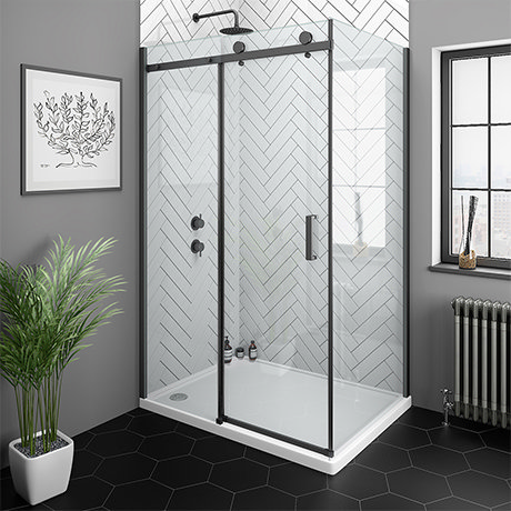 Arezzo Matt Black 1000 x 900 Frameless Sliding Door Shower Enclosure