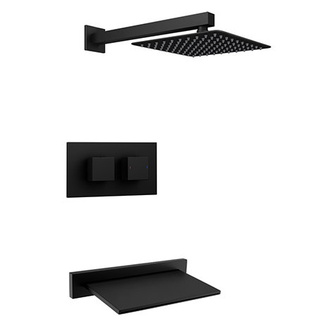 Arezzo Square Matt Black 2 Outlet Shower System (Fixed Shower Head + Slimline Waterfall Bath Spout)