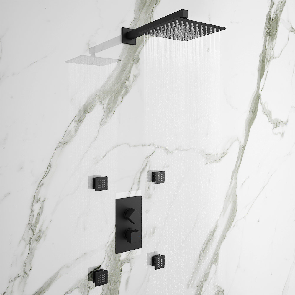 Arezzo Matt Black Square Shower System with Diverter, Fixed Shower Head + 4 Body Jets