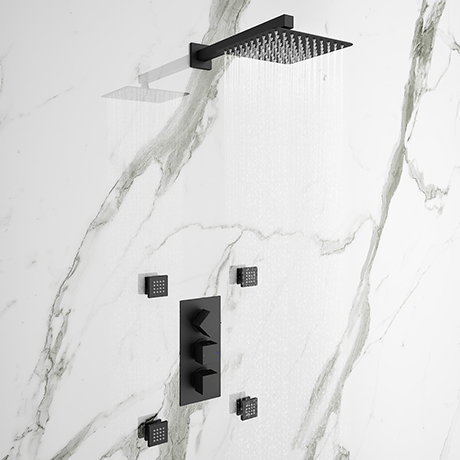 Arezzo Matt Black Square Concealed Triple Shower Valve with Fixed Head + 4 Body Jets
