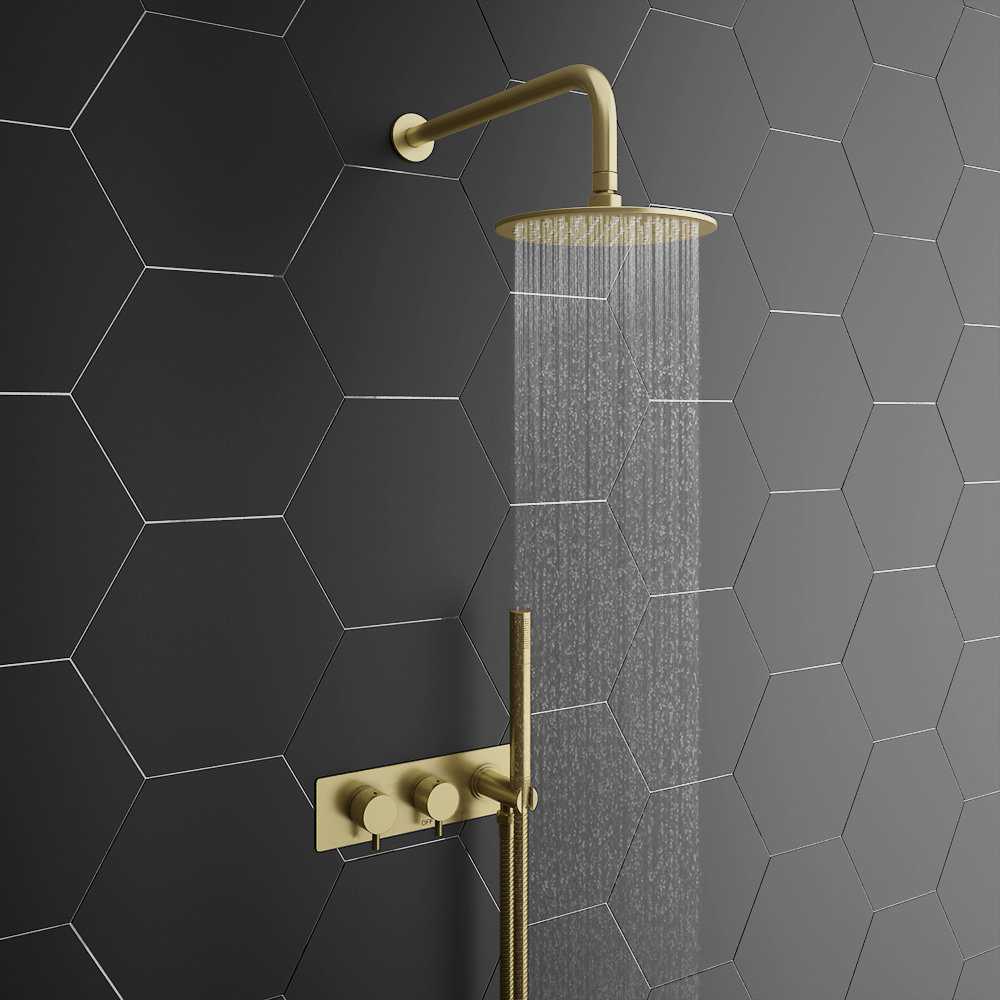 Arezzo Brushed Brass Round Shower System (Fixed Head, Handset + Integrated Parking Bracket)