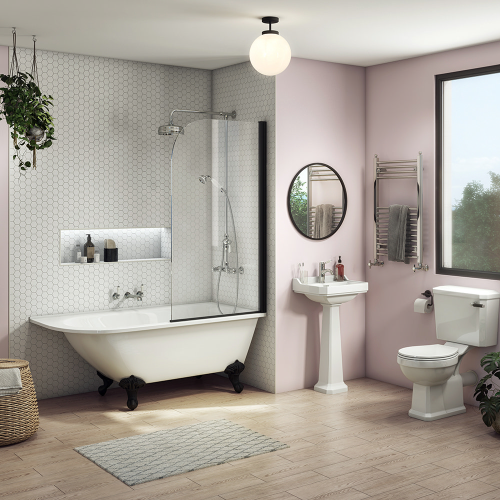 Arezzo Traditional Shower Bath Suite - 1700mm with Matt Black Screen + Leg Set