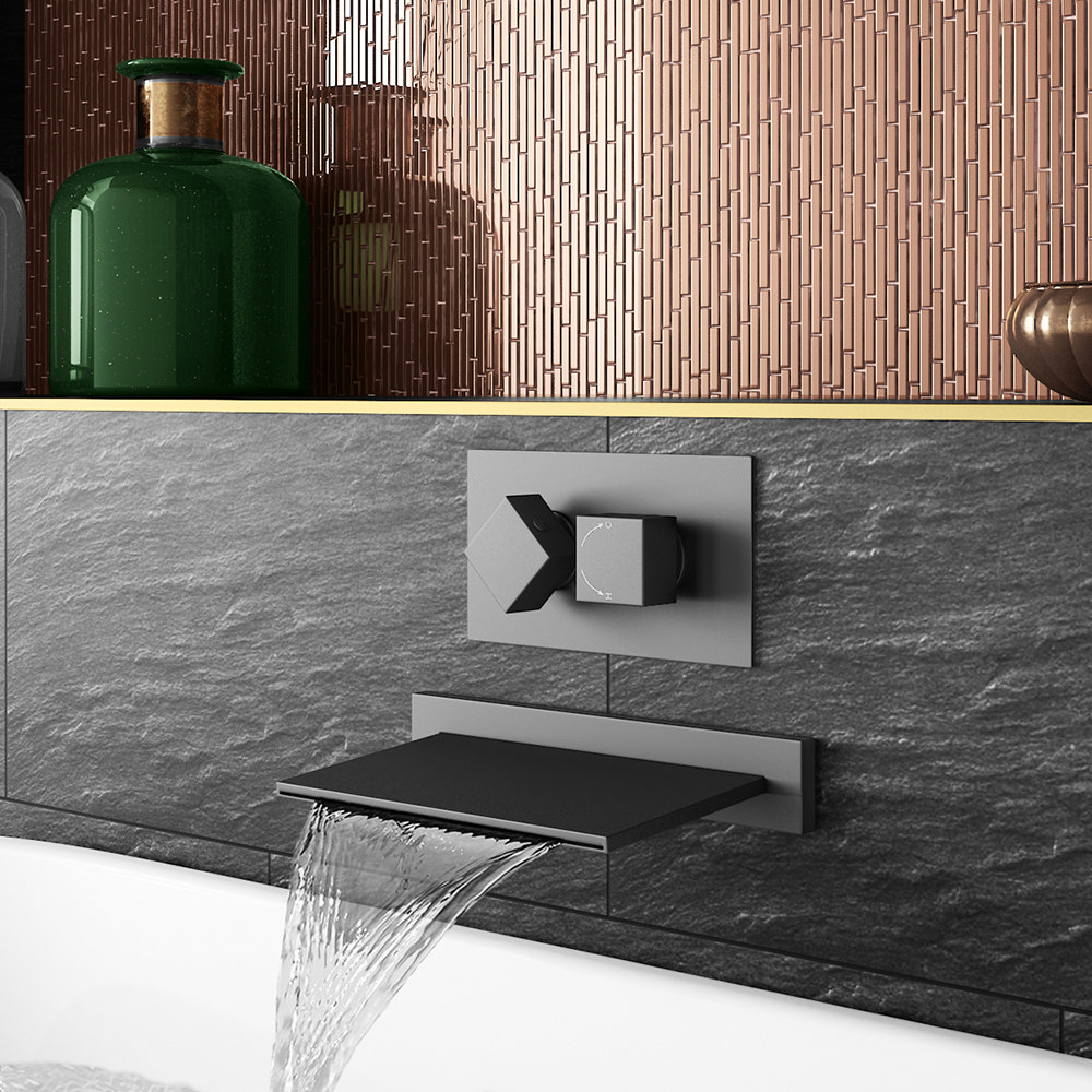 Arezzo Matt Black Wall Mounted Waterfall Bath Filler Concealed Thermostatic Valve Victorian Plumbing Uk