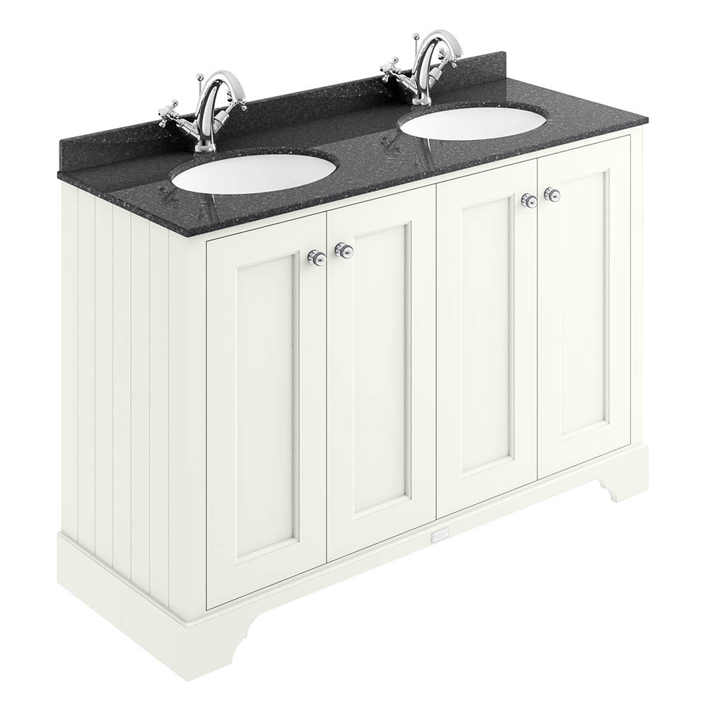 Bayswater Pointing White 1200mm 4 Door Vanity Unit &amp; 1TH Black Marble Double Bowl Basin Top