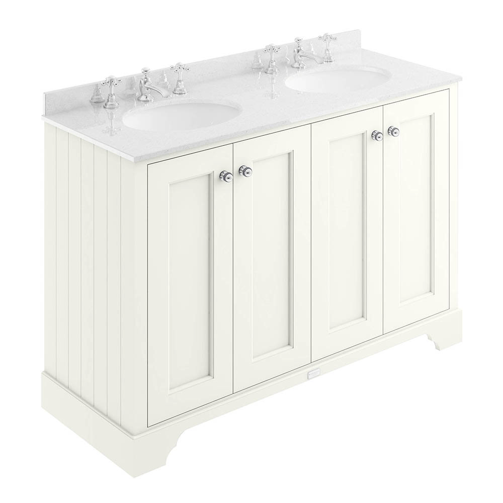 Bayswater Pointing White 1200mm 4 Door Vanity Unit &amp; 3TH White Marble Double Bowl Basin Top