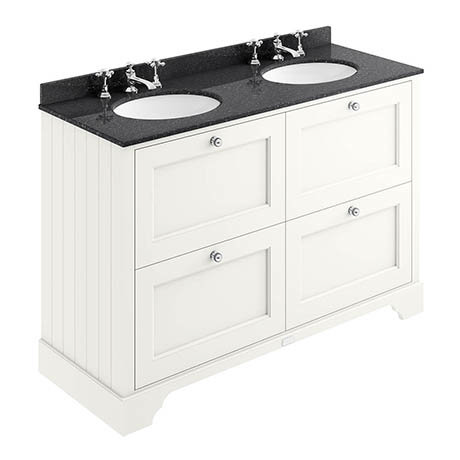 Bayswater Pointing White 1200mm 4 Drawer Vanity Unit & 3TH Black Marble Double Bowl Basin Top