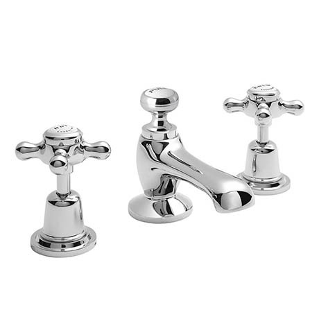 Bayswater White Crosshead Domed Collar 3 Tap Hole Deck Basin Mixer + Pop-Up Waste