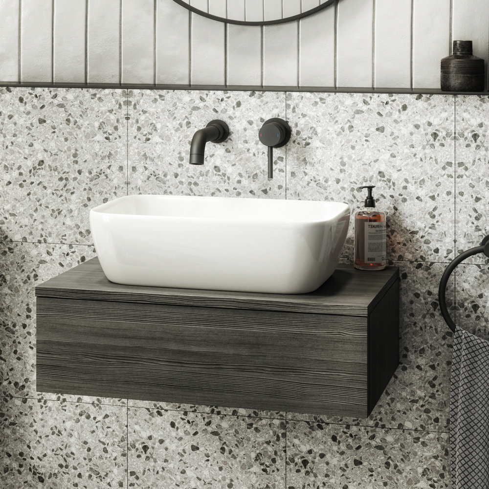 Brooklyn Floating Basin Shelf with Drawer Black 600mm inc. Curved