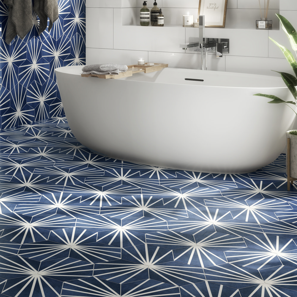 Belmont Hexagon Blue with White Lines Wall and Floor Tiles