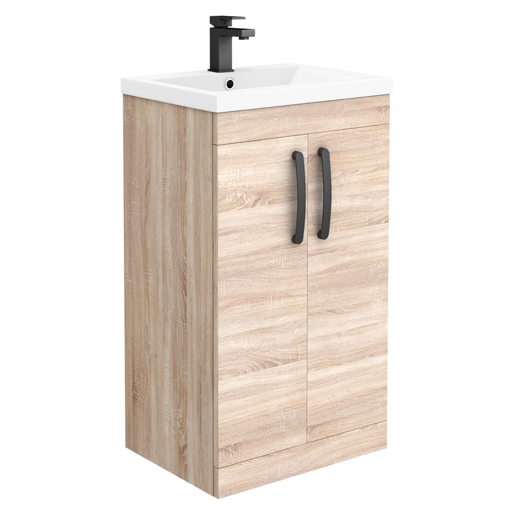 Brooklyn Natural Oak Vanity Unit - 500mm Wide with Matt Black Handles ...