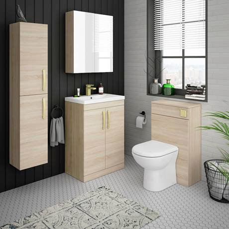 Brooklyn 600mm Natural Oak Vanity Unit with Brushed Brass Handles ...