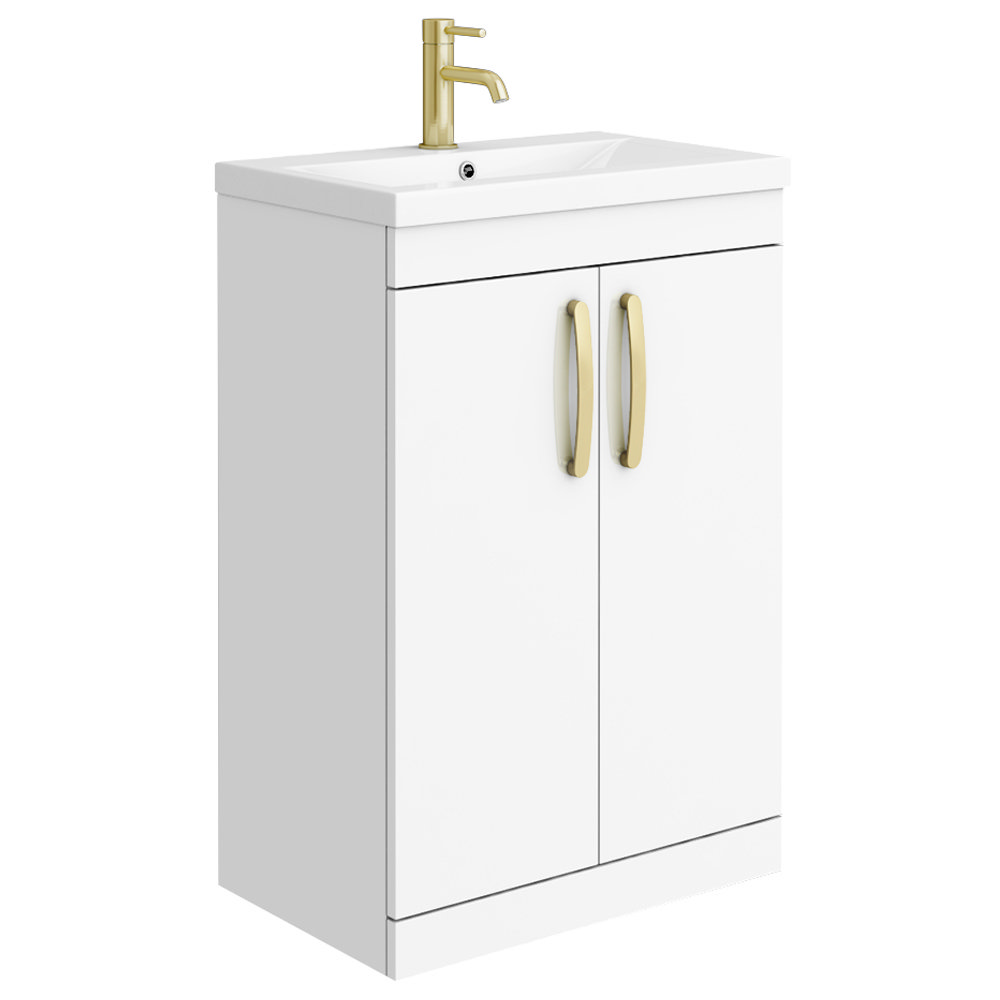 Brooklyn 600mm Gloss White Vanity Unit with Brushed Brass Handles