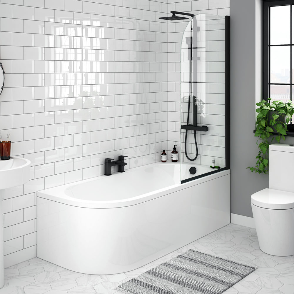 J-Shaped Shower Bath (1700mm with Matt Black Screen + Curved Panel ...
