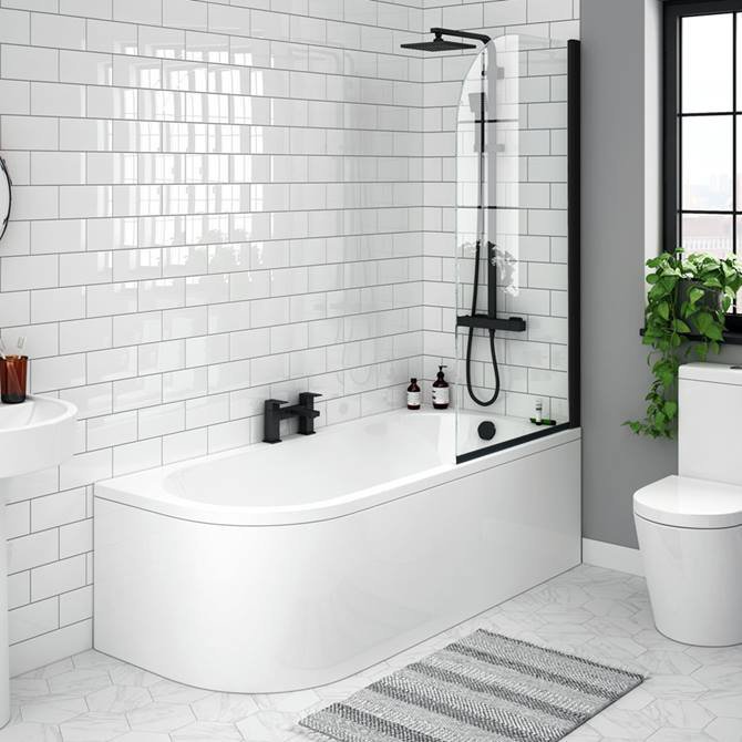 Arezzo RH Shower Bath (1700mm J Shaped with Matt Black Screen + Curved Panel)