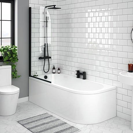 J-Shaped Shower Bath (1700mm with Matt Black Screen + Curved Panel)