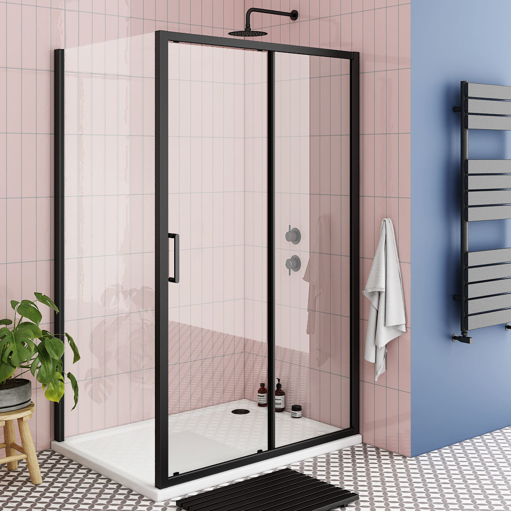 Toreno Matt Black 1200 x 800mm Sliding Door Shower Enclosure + Pearlstone Tray