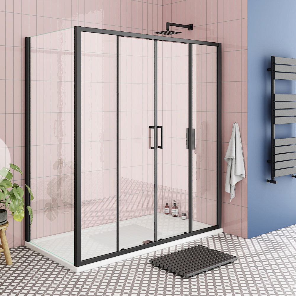 Toreno Matt Black 1700 X 700mm Double Sliding Door Shower Enclosure Pearlstone Tray